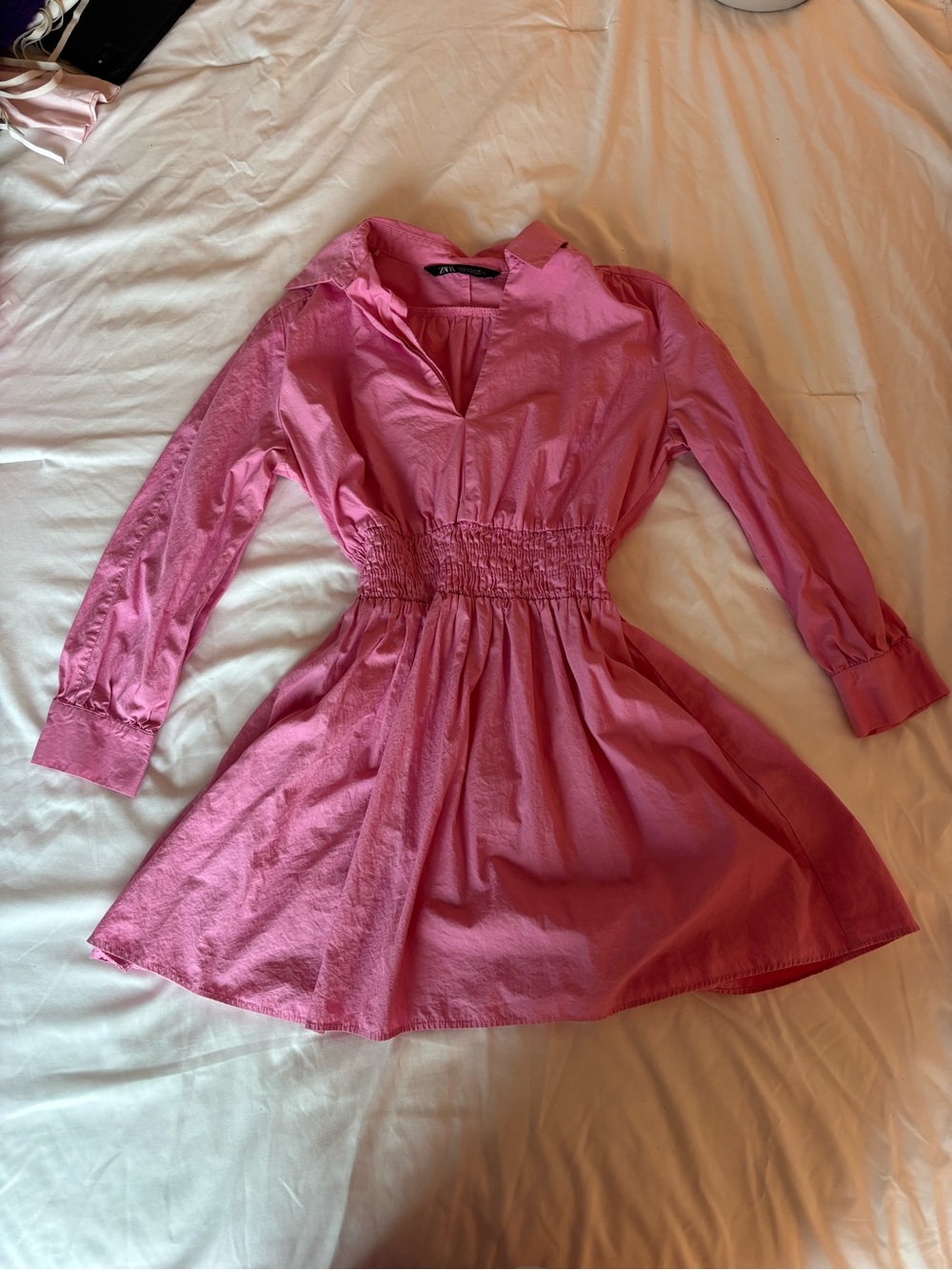Zara Pink Long Sleeve Shirred Waist Dress